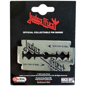 Judas Priest - British Steel Razor Blade Pin Badge i gruppen MERCHANDISE / Merch / Metal hos Bengans Skivbutik AB (5638263)
