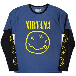 Nirvana - Yellow Happy Face Uni Denim/Bl Layered Longsleeve (L) i gruppen MERCHANDISE / T-shirt / Pop-Rock hos Bengans Skivbutik AB (5643728)