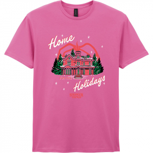 Stranger Things - Home Holidays Uni Pink T-Shirt i gruppen MERCHANDISE / T-shirt / Kommende / Film-Musikkkal hos Bengans Skivbutik AB (5649179r)