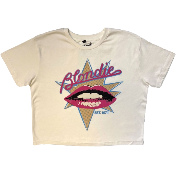 Blondie - Lips Stone Wash Lady Wht Crop Top i gruppen MERCHANDISE / T-shirt / Nyheter / Pop-Rock hos Bengans Skivbutik AB (5692977r)